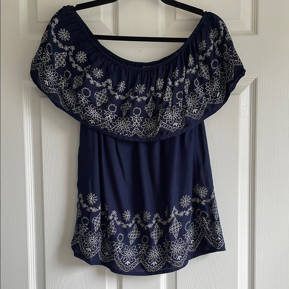 NY&C Soho Navy Blue Off-Shoulder Blouse with White Embroidery